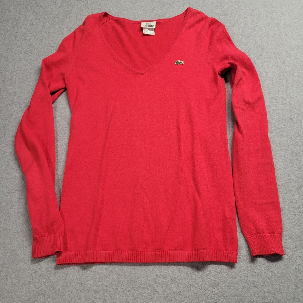 Lacoste Womens Red V-Neck Cotton Knit Long Sleeve‎ Sweater Size 36 Small